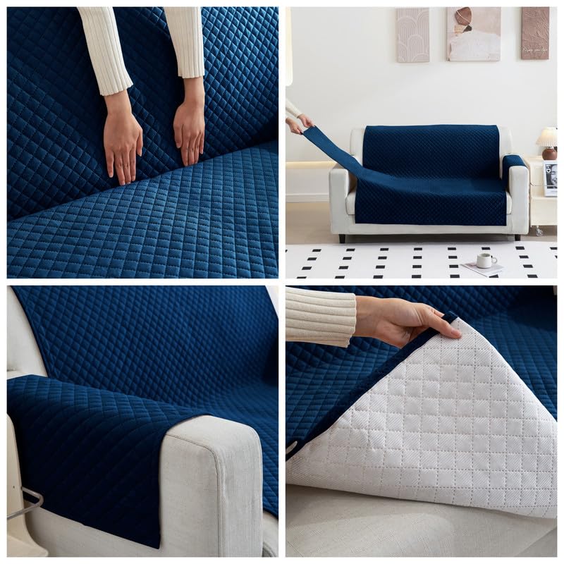 SHADES OF HOME - 3 Seater Quilted Soft Velvet Sofa Cover with Elastic Belt, 180x184 cm, Blue