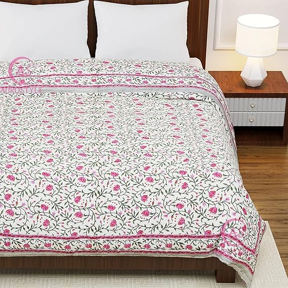 EMIOUR Pure Cotton 400 TC Hand Block Printed Jaipuri Quilt, Double Bed-90 x 108 cm, Multicolor (Design 2)