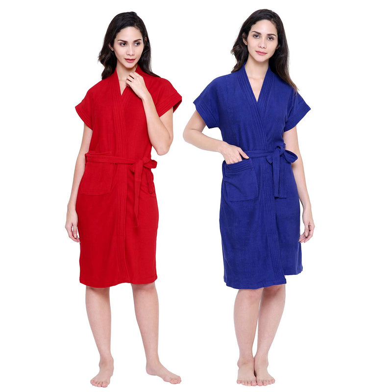 Secret Wish Women's Towel Fabric Bathrobe (Free Size, Red-Blue)