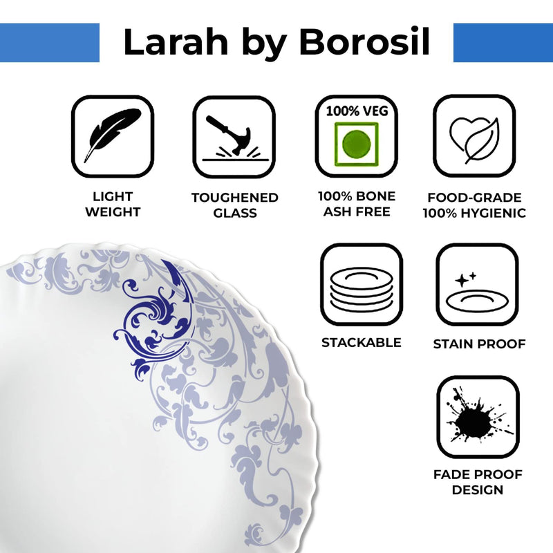Larah by Borosil Blue Eve Silk Series Opalware Dinner Set | 19 Pieces for Family of 6 | Microwave & Dishwasher Safe | Bone-Ash Free | Crockery Set for Dining & Gifting | Plates & Bowls | White