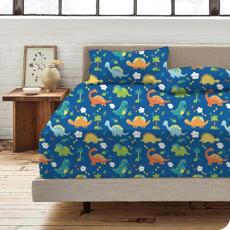 Bhoomi Impex 100% Microfiber Bedsheet for King Bed with 2 Pillow Covers Breathable | Fun and Durable King Bed Sheet - Blue Dinosaur