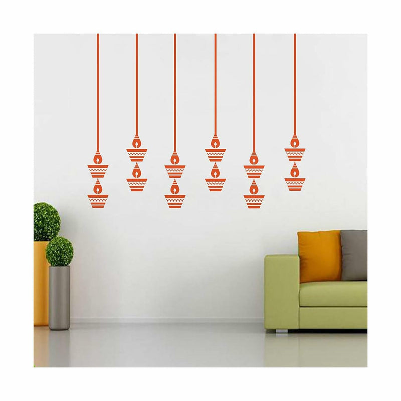 GADGETS WRAP Vinyl Hanging Diyas for Diwali Wall Stickers Decoration, 90 x 60 cm, Orange, Religion