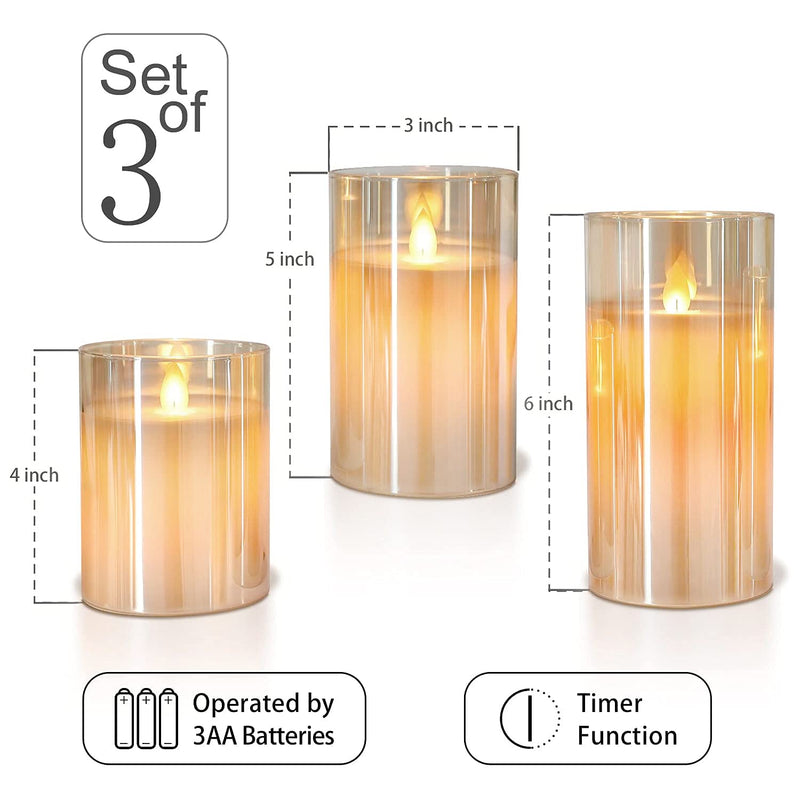 Crystal Club Gold Glass Flameless Candles, Battery Operated LED Pillar Candles with Remote, Flickering Flameless Candles with Timer, Amber Glass Effect Candle & Gold Decor for Christmas Home Decors