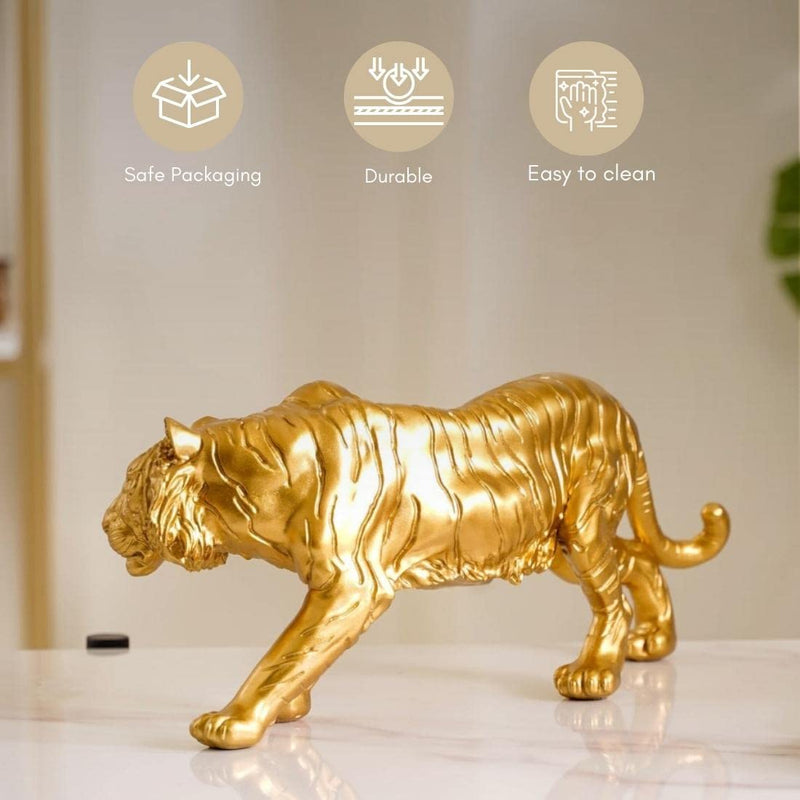 Nestasia Golden Royal Bengal Tiger Resin Showpiece with Smooth Metallic Finishing for Home Decor, Living Room, Shelf, Centre Table | Perfect for Gifting (16.5 Inch)