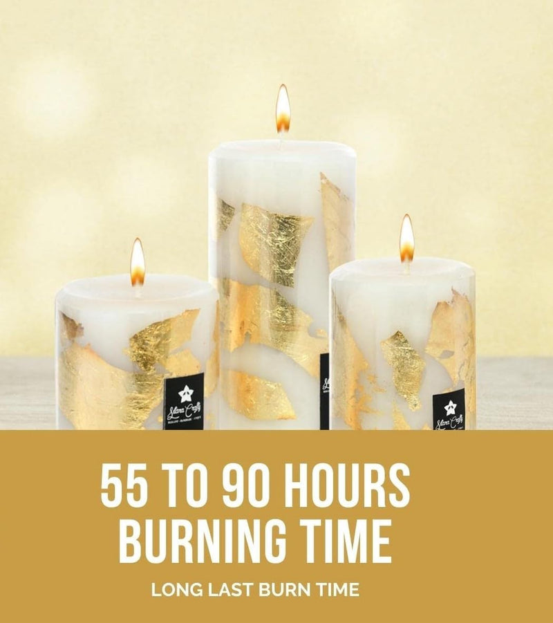 Urbaa Pillar Candle Set of 3 (3inch*3inch, 3inch*4inch, 3inch*6inch) || Long Burning || Gift Set || Set of 3 Candle Burning Time 90hrs, 70hrs and 55hrs || Pillar Candle. (Gold Foil)