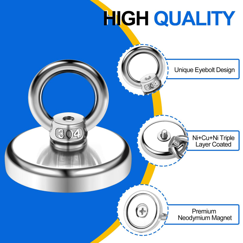 DIYMAG Super Strong Neodymium Fishing Magnets, 95lbs(43 KG) Pulling Force Rare Earth Magnet with Countersunk Hole Eyebolt-Dia 1.26 inch(32 mm) for Retrieving in River and Magnetic Fishing - 10 P