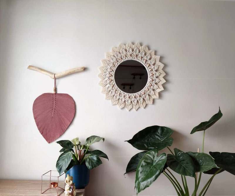 URHAN Macrame Hanging Wall Mirror with Macrame Round Mirror Art Boho Decor MM013