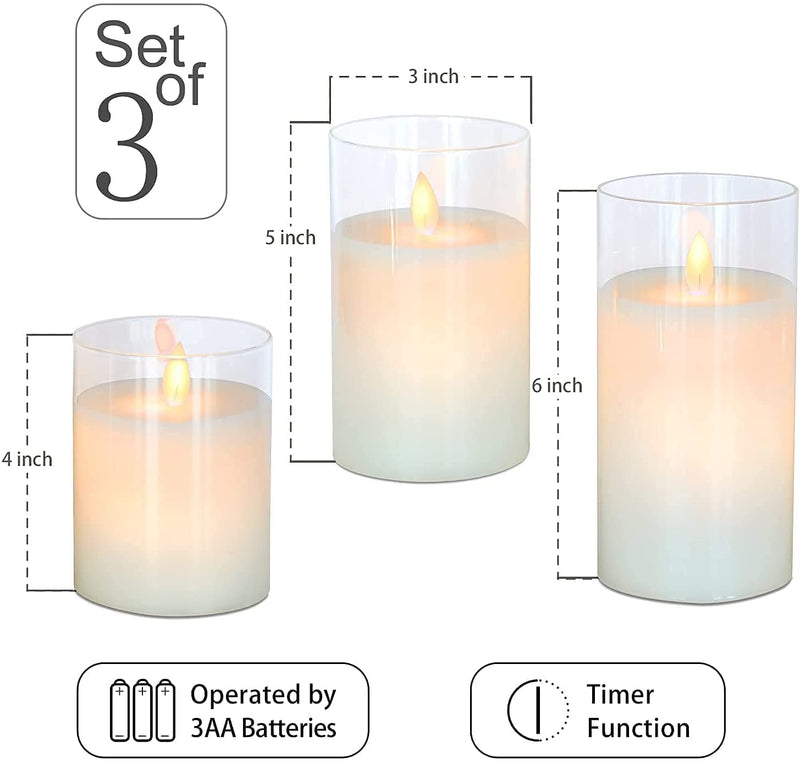 Silver Martini LED Candles, Outdoor Waterproof Flameless Candles with Remote Control Timer Function, Battery Candles, LED Flameless Candles, Moving Flame, Set of 3 (3Pcs Glass Candles Lights)