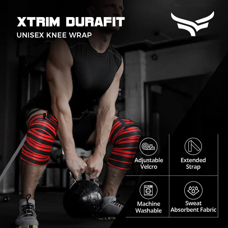 XTRIM Knee Support for Men - Knee Wraps - Knee Stabilizer - Unisex Knee Bands for Sports, Squats, and Heavy Lifting, Washable Fabric (2 Meters Long, Set of 2, Red)