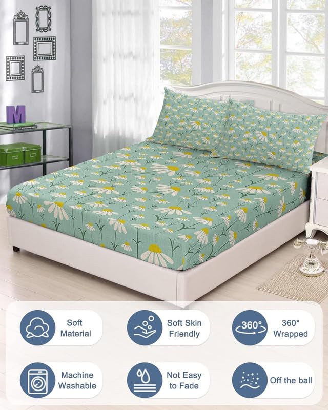 Vaastu Furnishings Prime Collection Ultrasoft Skin Friendly King Size Elastic Fitted Double Bedsheet with 2 Pillow Covers (Size 72 x 78 Inch) - Green with White Flowers Gold Fitted1