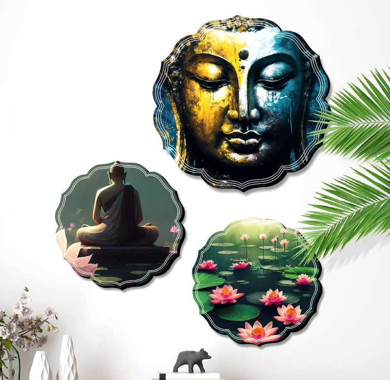 SAF paintings Set of 3 Buddha modern art beautiful round shape wall painting for living room, home decoration, bedroom (1 Pc.-12 inch x 12 inch, 2 Pcs.- 8.5 inch x 8.5 inch) JLR42-S2L1