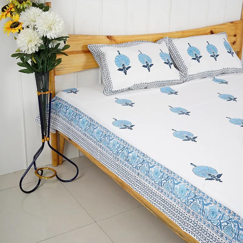 THE JAIPUR WALA Premium Hand Block Printed Pure Cotton Bedsheet-Set King Size (Floral Blue)