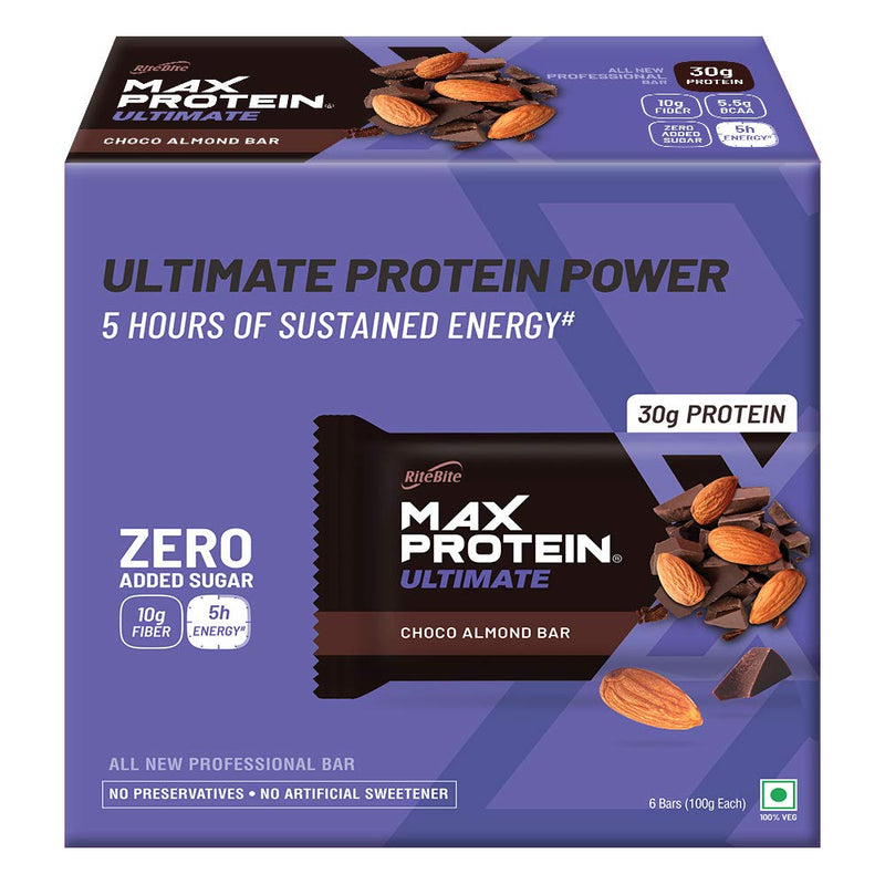 RiteBite Max Protein Ultimate Choco Almond 30g Protein Bars [Pack of 6] Protein Blend, Fiber, Vitamins & Minerals, No Preservatives, 100% Veg, No Added Sugar, For Energy, Fitness & Immunity - 600g