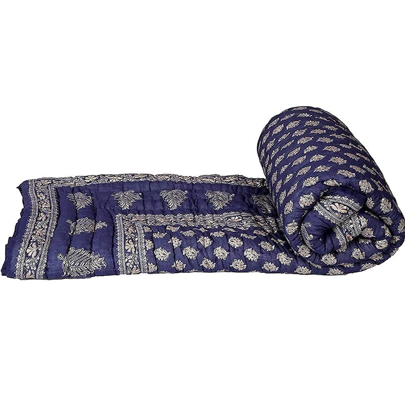 THROW KING Rajasthani Reversible Hand Made King Size Pure Cotton Soft and Cozy Light Weight Single Bed Jaipuri razai,Quilt,Blanket,Dohar,Duvet-Blue