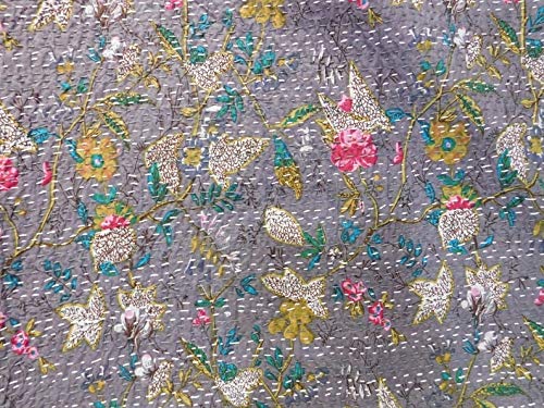 Fashion Hub Textile Work Creations Cotton Handmade single kantha quilt Bed cover (Blue, Grey)