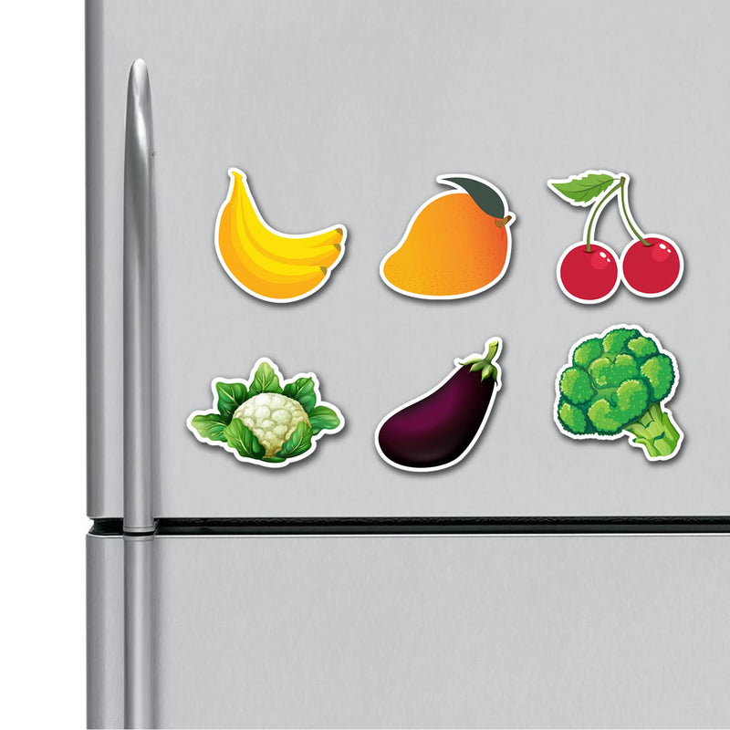 ASHVAH Banana, Mango, Cherry, Cauliflower, Brinjal, Broccoli, HD Quality, Multipurpose Fridge Magnets Combo Gift for Kids, Magnetic Stickers for Refrigerator, Size 4 inches (Pack of 6)