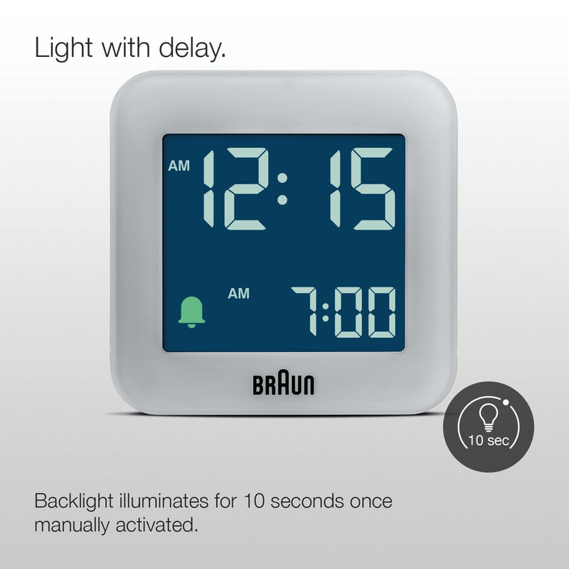 Braun Digital Travel Alarm Clock with Snooze, Compact Size, Negative LCD Display, Quick Set,Crescendo Beep Alarm in Grey, Model BC08G.