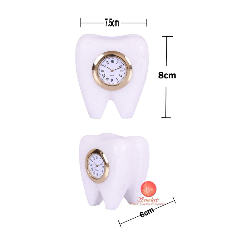 Poppins Tooth Shape Dentist Desk Marble Table Clock for Decor and Paper Weight (White)