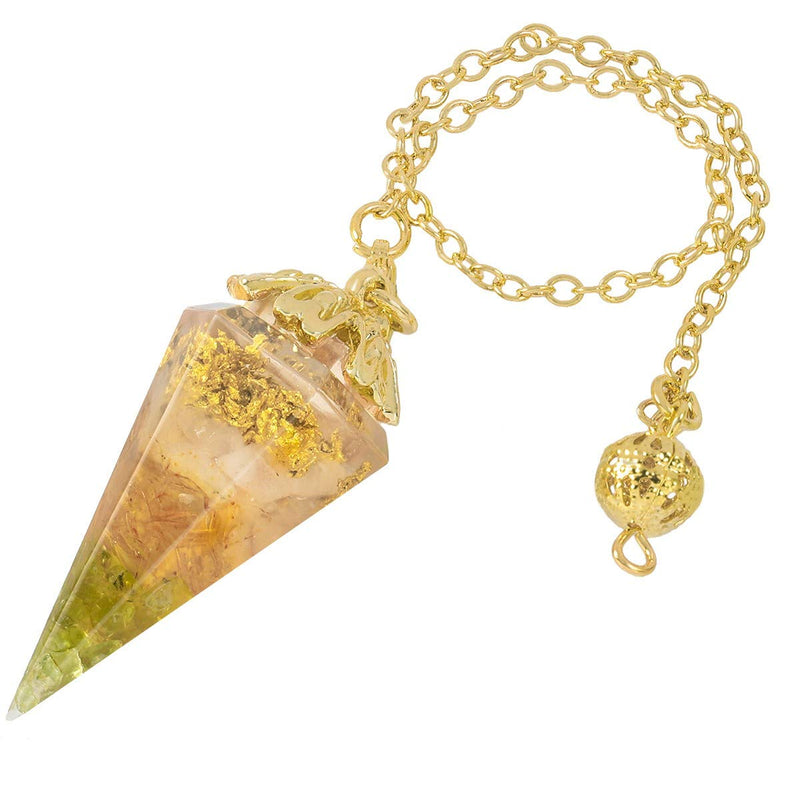 SUNYIK Handmade Chip Stones Orgone Pendulum for Dowsing Reiki, Healing Crystal Point Energy Generator with Chain 9", Rose Quartz&Rock Quartz&Peridot