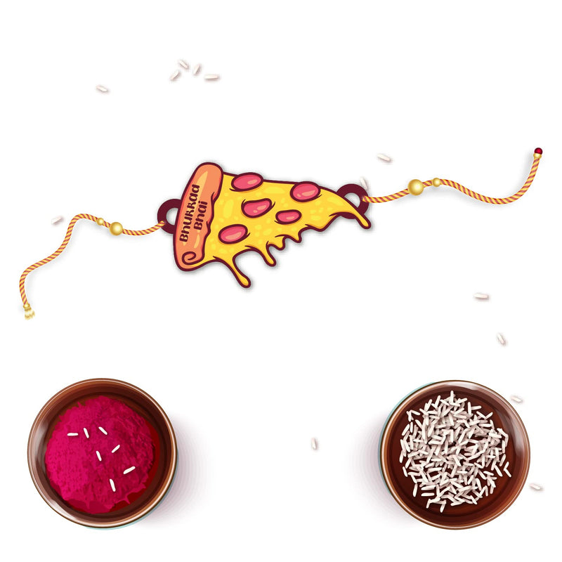 Bhai Please Bhukkad Bhai (Pizza) Rakhi with Brother is Superhero Fridge Magnet (Gift Combo for Bhai / Bhaiya) | Set of 1 pc Rakhi with Roli- Chawal and Fridge Magnet | With Raksha Bandhan Greetings