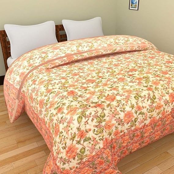 fashhub Jaipuri World Famous Lightweight Pure Cotton Traditional Rajasthani Print Quilt | Orange Colour Single Bed Razai/Rajai