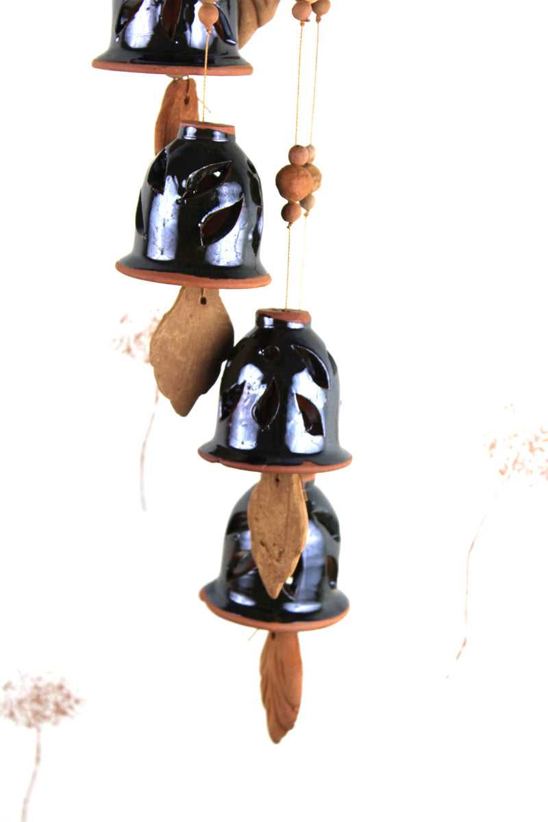 Terracotta Ceramic Coated Black Wind Chime (Five Bells) Ring Design Handmade Craft with Great Melodious Sound Bells