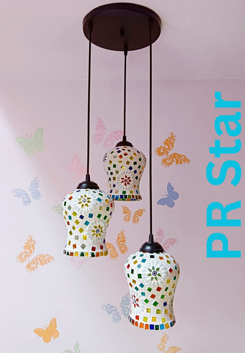 PR Star Classical Hanging Glass Mosaic Multi 3 Light Chandelier Pendants Ceiling Lamp (Multi Color)