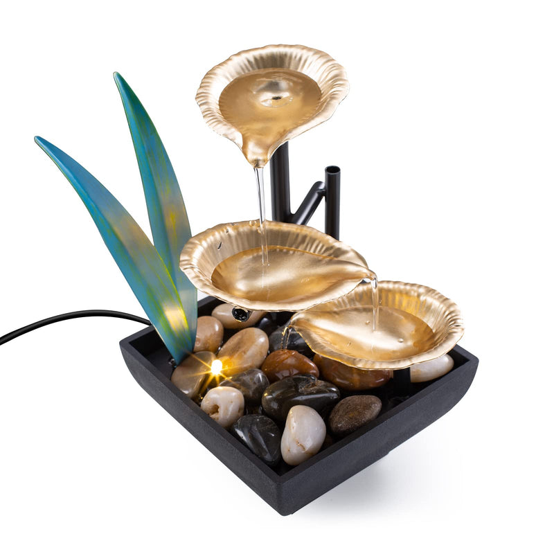 Tabletop Fountain Desktop Fountain 3-Tier Indoor Golden Lotus Leaf Relaxation Fountains Tabletop Waterfall, Office Home Decor Including Lots of Natural River Rocks and Warm Yellow Scene Light