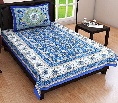 Ubania Collection® 100% Comfort Cotton Jaipuri Traditional Print with Rajasthani Detailing TC 144 Single Bed Bedsheet with Pillow Covers for Bedroom (Blue)