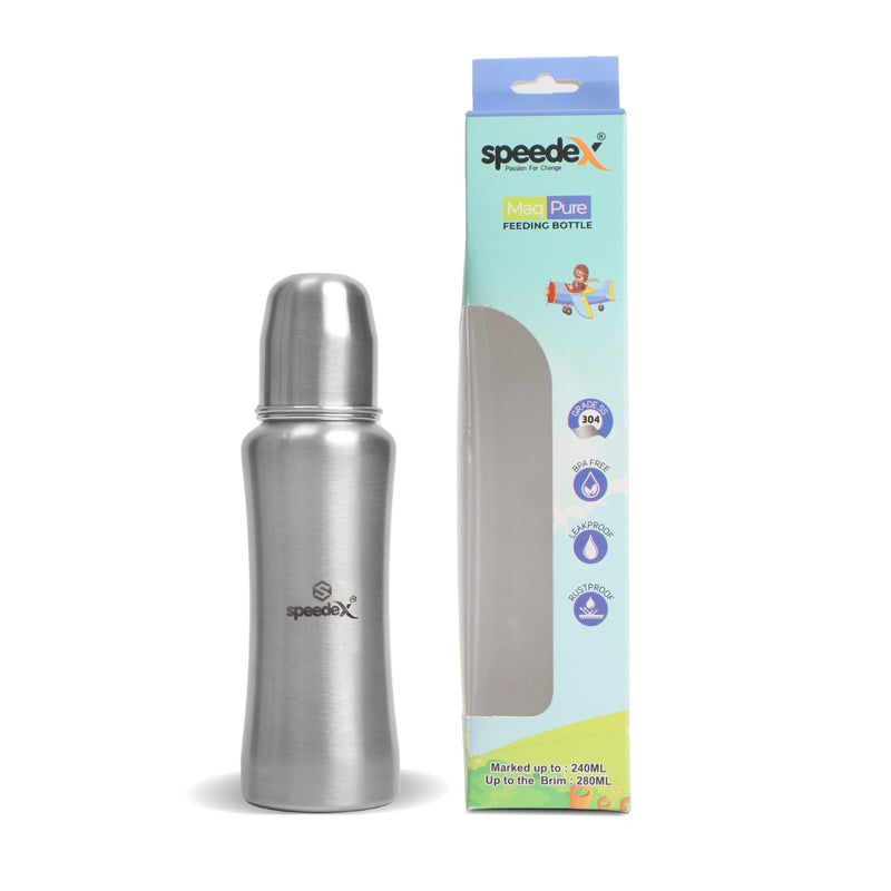 SPEEDEX Stainless Steel Infant Baby Feeding Bottle, BPA Free, Anti-Colic, Plastic-Free, Medium-Flow Nipple (240 ML)