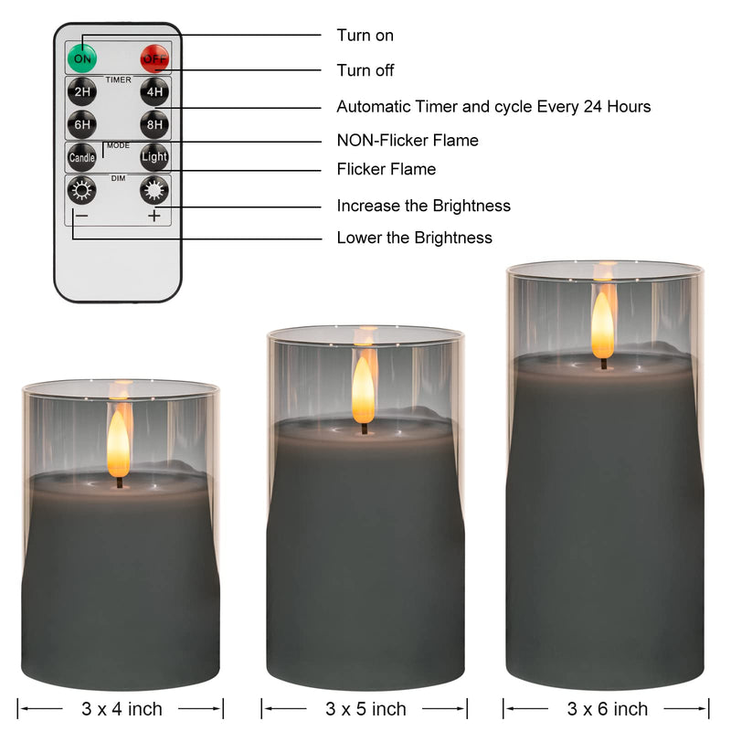 ANGELLOONG Glass Battery Operated Candles, Flickering Flameless Candles with Remote and Timer, LED Electric Pillar Candles for Home Farmhouse Bathroom Decor, Gray