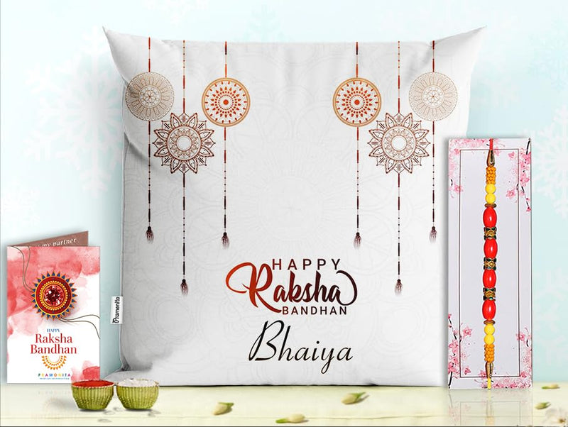 Pillow Rakhi for Brother with Gift - Rakhi with Rakhi Cushion with Filler Greeting Card- Rakhi for Brother, Gifts for Brother, Gifts for Rakhi, Gifts for Rakshabandhan Rakhi Gifts-PD-CU-00