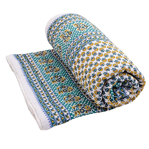 fashhub Jaipuri Print Cotton Single Bed Razai Quilts Blankets for Home (Blue, White and Yellow) Set of 2