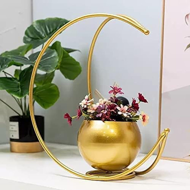 Wholesale J Mart Metal Flower Vase with Gold Finish | Geometric Half Moon Design Flower Pot Stand | Table Top Decorative Flower Pot | Gold Metal Flower Vase for Home and Office Side Table Decoration