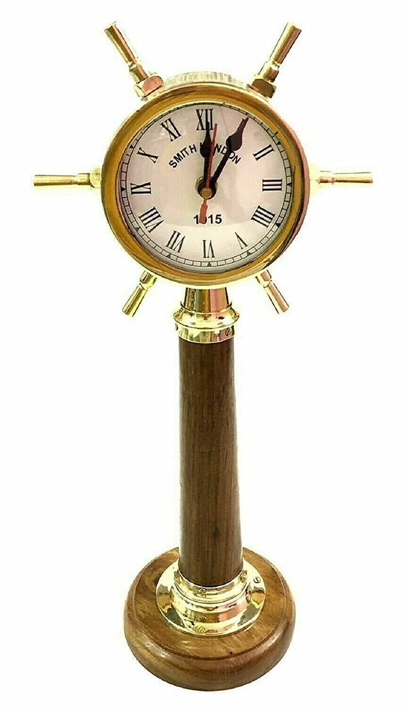 NAUTICAL COLLECTION Brass Ship Handel Table Desk Clock Roman Number Wood Stand - Hight (12 inch)