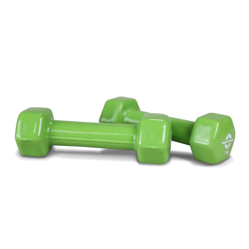 Nivia Vinyl Dumbbells for Hand Weights, Strength Training, Full Body Workout, Weight Loss & Exercise, Fitness Training, For Men & Women for Home Workouts, and Gym Equipment Set of 1 Kg Dumbbells (Green)