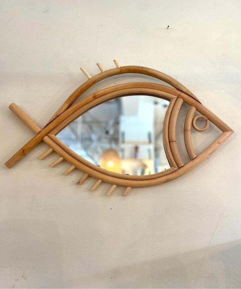CRAFTCANE Bamboo Cane Fish Shaped Wall Mirror, 23x23x16 inch, for Living Room, Bathroom, Bedroom