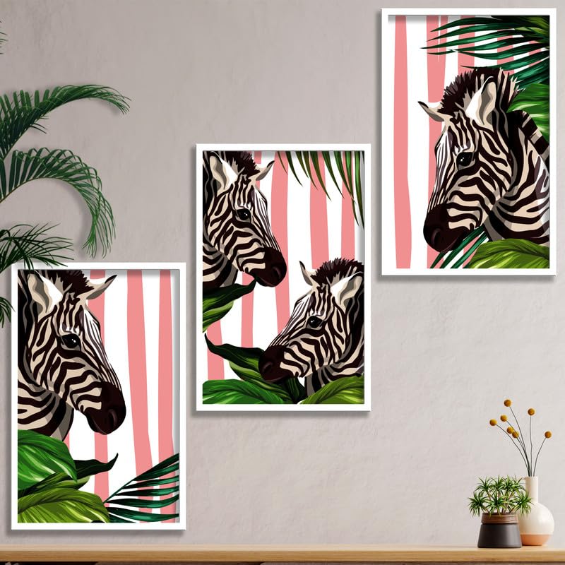 SAF paintings Set of 3 Zebra Boho modern art design Premium white Framed Bohemian wall painting for for Wall, Home and Living Room Decoration 80 cms x 34.29 cms COMBO-2061-K3