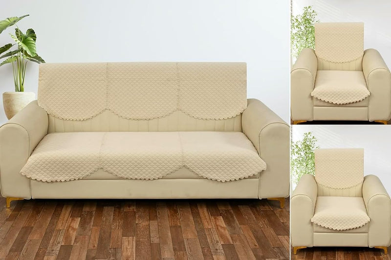 Femfairy Solid Color Premium Quilted Sofa Cover Set for 5 Seater Sofa | 3 Seater and 2 Seater Sofa Slip Covers/Velvet Sofa Panel (Cream, 5 Seater)