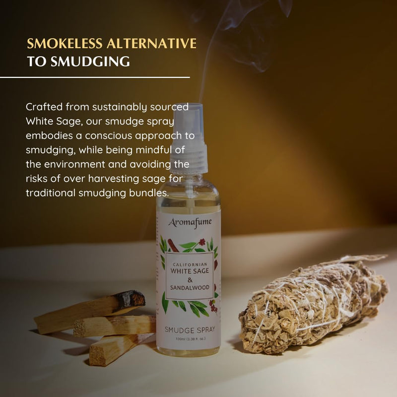 White Sage & Sandalwood Smudge Spray by Aromafume | 100ml/3.3 oz | Sage Spray for Cleansing Negative Energy & Protection | Non-Toxic | Room Spray for Spiritual Cleansing, Smokeless Sage Smudging