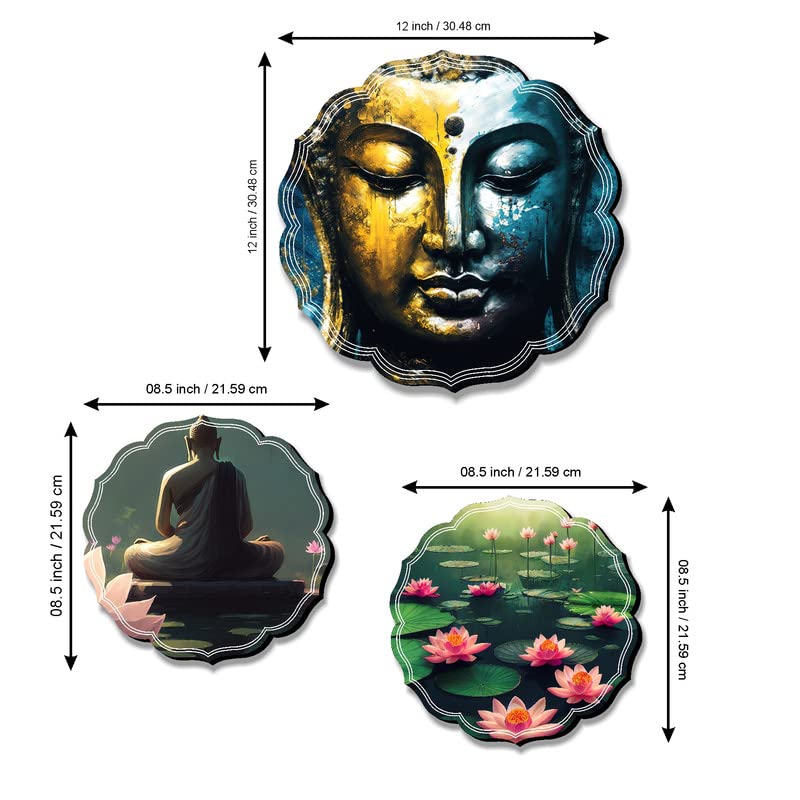 SAF paintings Set of 3 Buddha modern art beautiful round shape wall painting for living room, home decoration, bedroom (1 Pc.-12 inch x 12 inch, 2 Pcs.- 8.5 inch x 8.5 inch) JLR42-S2L1