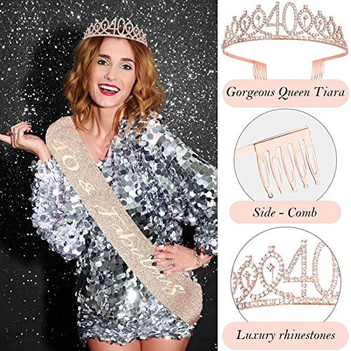 40th Birthday Gifts Decorations for Women, Including 40th Happy Birthday Cake Toppers, Birthday Queen Sash with Pearl Pin, Sweet Rhinestone Tiara Crown, Number Candles and Balloons Set