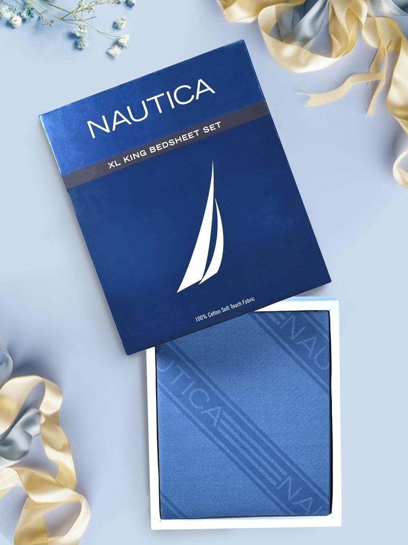 NAUTICA Super Soft 100% Cotton King Bedsheet and 2 Pillow Covers -3pc Set (Bristol) | Nautica Bedtime Bliss Gift Box | 1pc 160 TC King Size Bedsheet + 2pc Pillow Cover for Gifting Stripe-Navy