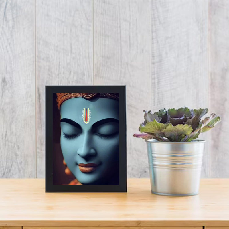 SANVIK CREATIONS Krishna Face Portrait Meditating Face Statue Religious Wall Painting Photo Frame, Synthetic Black Frame Digital Wall Art For Home & Office Décor