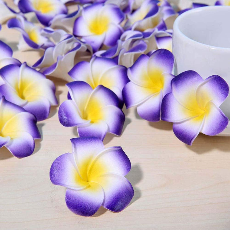 ALEVAN 2.4 inch artificial Plumier Rubric Hawaiian Flower Petals Hair Hat Wreath Floral Hawaiian Foam Frangipani Flowers for DIY Home Beach Wedding Party Decoration (Purple, 48)