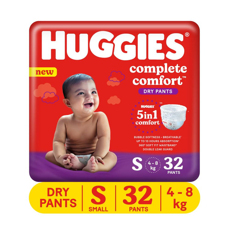 Huggies Complete Comfort Dry Pants Small (S) Size Baby Diaper Pants, 32 count, with 5 in 1 Comfort