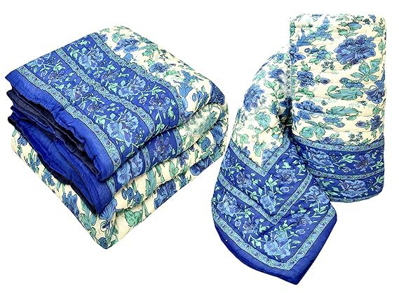 fashhub Cotton 240 TC Single Bed Rajasthani Traditional Jaipuri AC Quilt | Pack of 2 (85" x 55", Blue)