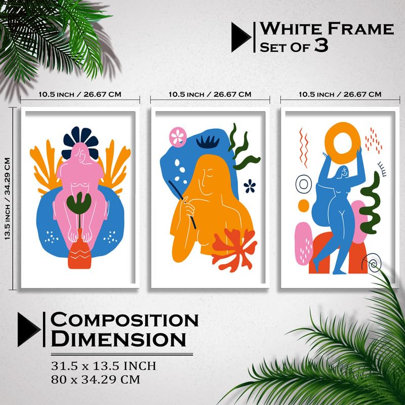 SAF paintings Set of 3 Abstract ladies Boho modern art design Premium white Framed Bohemian wall painting for for Wall, Home and Living Room Decoration 80 cms x 34.29 cms COMBO-2229-K3