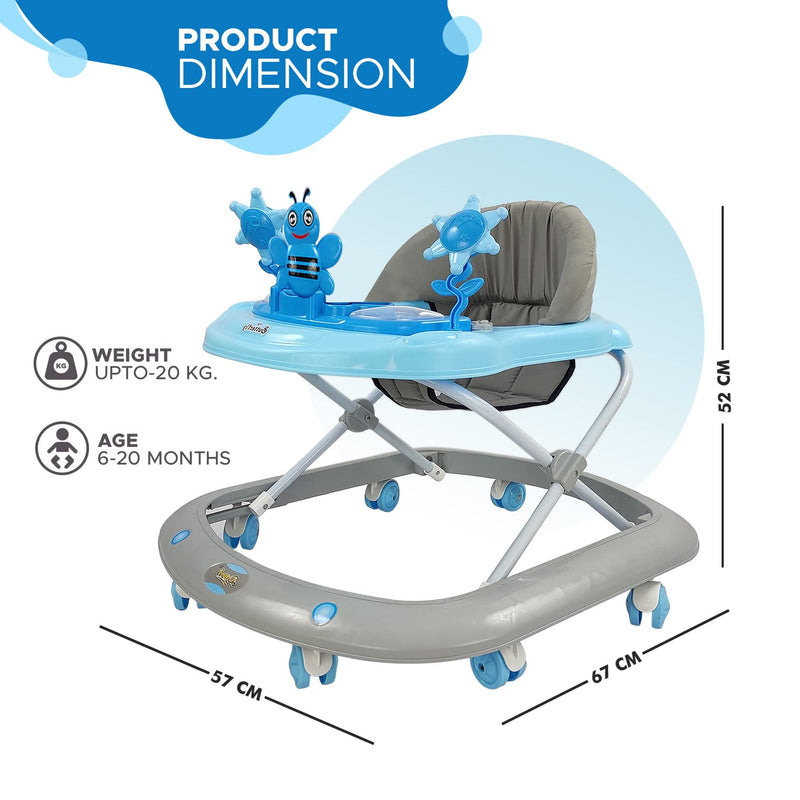 Dash Butterfly Baby Walker with 3 Position Adjustable Height Music & Light, Foldable Activity Walker, Baby 6-18 Months boy, Walker for Kids (Capacity 20kg | Blue)