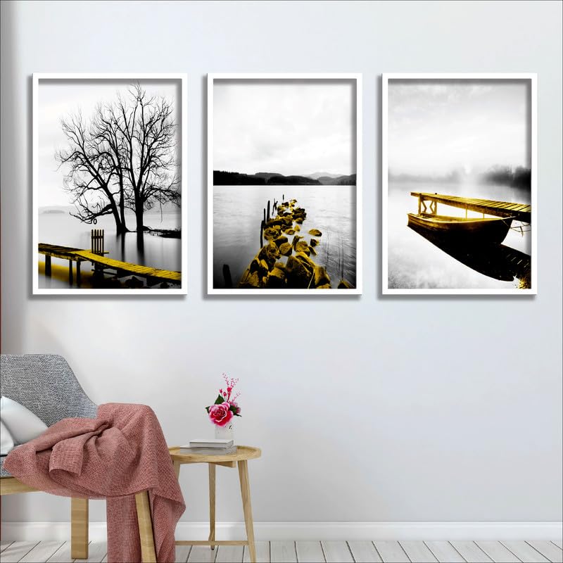 SAF paintings Set of 3 Water Bridge And Boat Wall Painting for Home Decoration SA-WHITEMX33595